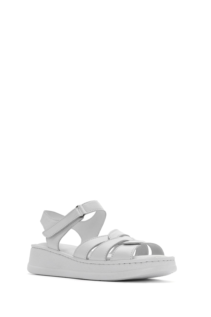 Women's White Strappy Thick Soled Leather Comfort Sandals