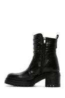 Women's Black Leather Zippered Heeled Boots | Derimod