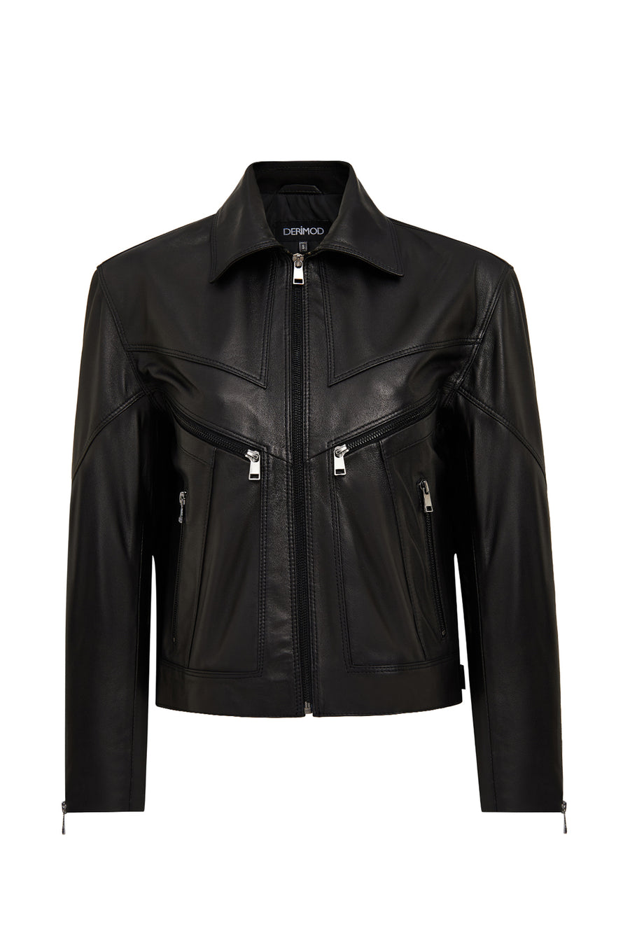 Vanessa Women's Black Shirt Collar Short Oversize Leather Jacket 25WGD5325U4 | Derimod