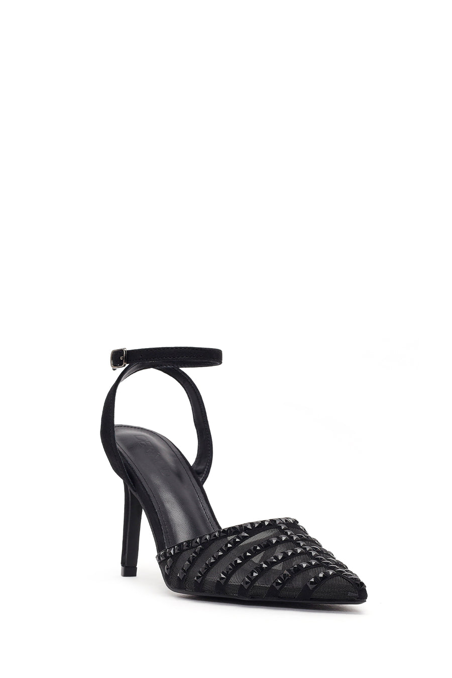 Women's Black Ankle Buckle Open Back High Thin Heel Shoes with Rhinestones