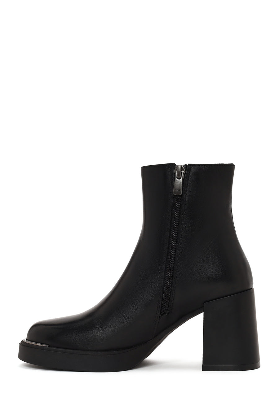 Woman Black Zip Closure Thick-Heeled Leather Boots