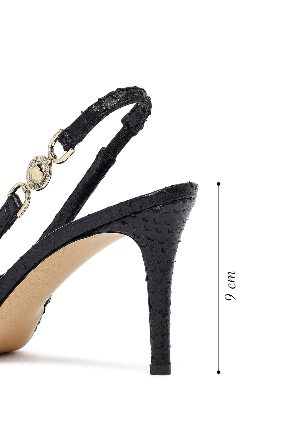 Woman Black Buckled Open Back Patterned Thin Heel Leather Shoe
