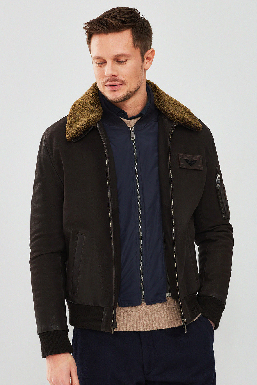 Falcon Men's Brown Embroidered Collar Fur Leather Pilot Jacket