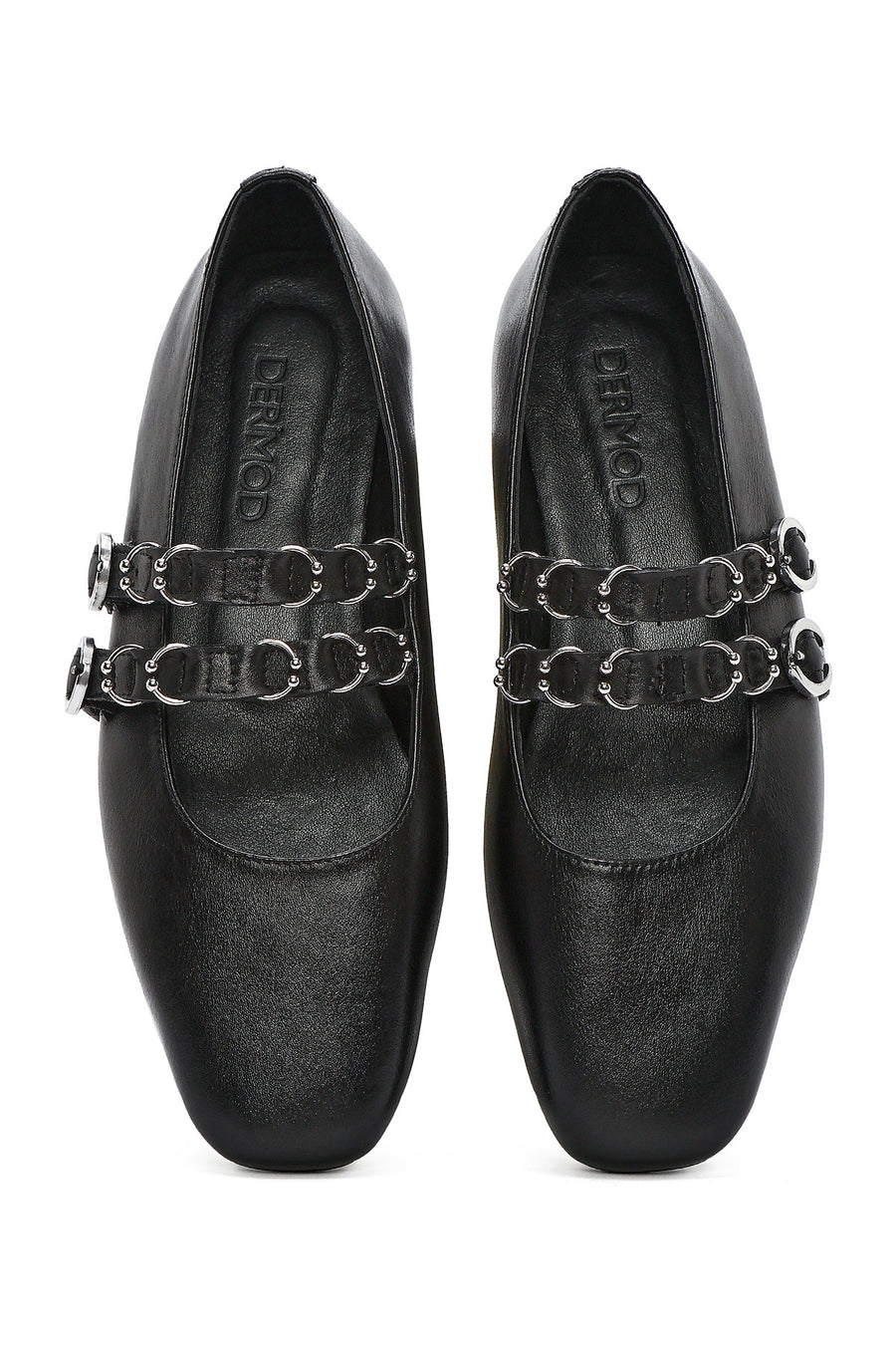Women's Black Double Buckled Leather Ballerinas