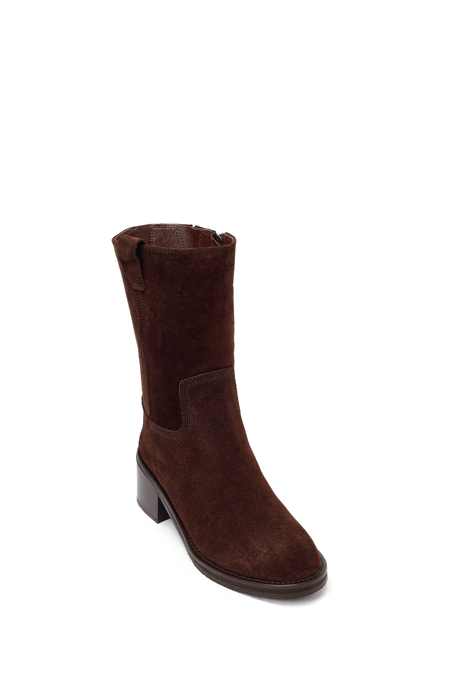 Woman Brown Zip Closure Chunky-Heeled Suede Leather Boots