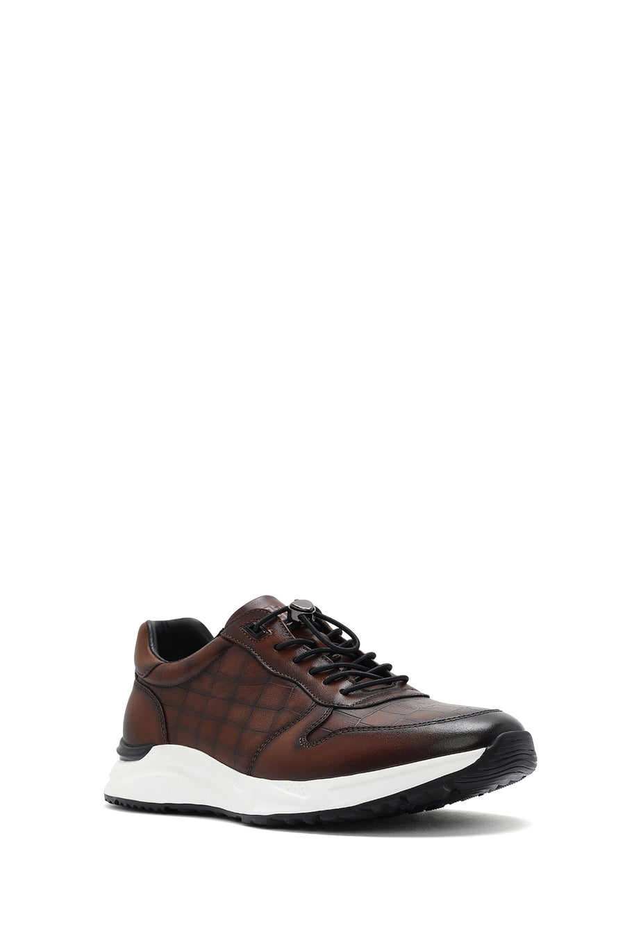 Men's Brown Crocodile Patterned Lace-Up Leather Sneakers