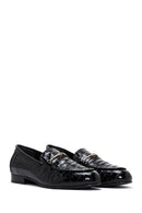 Women's Black Leather Buckle Crocodile Patterned Loafer | Derimod