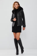 Elenor Women's Black Hooded Fur Leather Jacket | Derimod