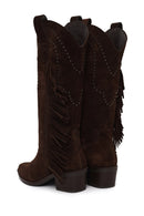 Woman Brown Tassel Chunky-Heeled Suede Leather Cowboy Boots | Derimod