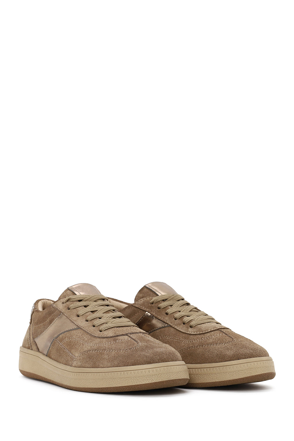 Kadın Bej Bağcıklı Kalın Tabanlı Süet Deri Sneaker