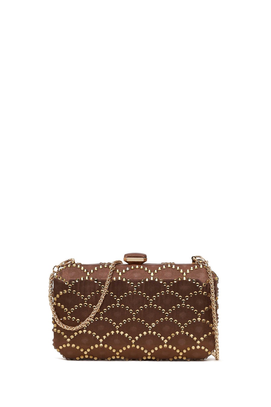 Woman Bronze Long Chain Strap Rhinestone Mini Clutch Evening Bag 26PBD2739TS | Derimod