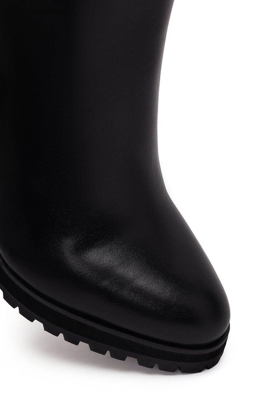 Woman Black Zip Closure High Thick-Heeled Leather Boots