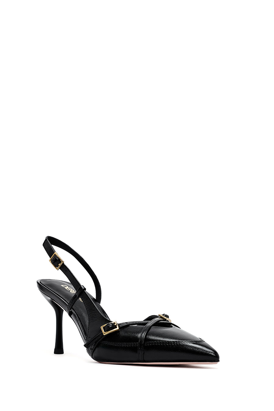 Women's Black Ankle Buckle Open Back Thin Heel Leather Shoes