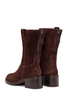 Woman Brown Zip Closure Chunky-Heeled Suede Leather Boots | Derimod