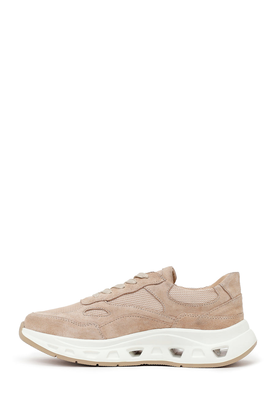 Woman Beige Lace-Up Thick-Soled Suede Leather Sneaker