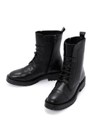 Women's Black Lace-Up Zipper Detailed Leather Combat Boots | Derimod