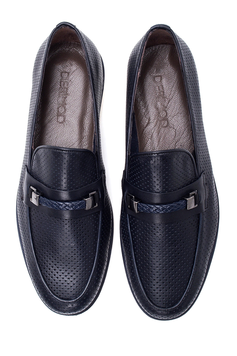 Erkek Lacivert Deri Delikli Casual Loafer