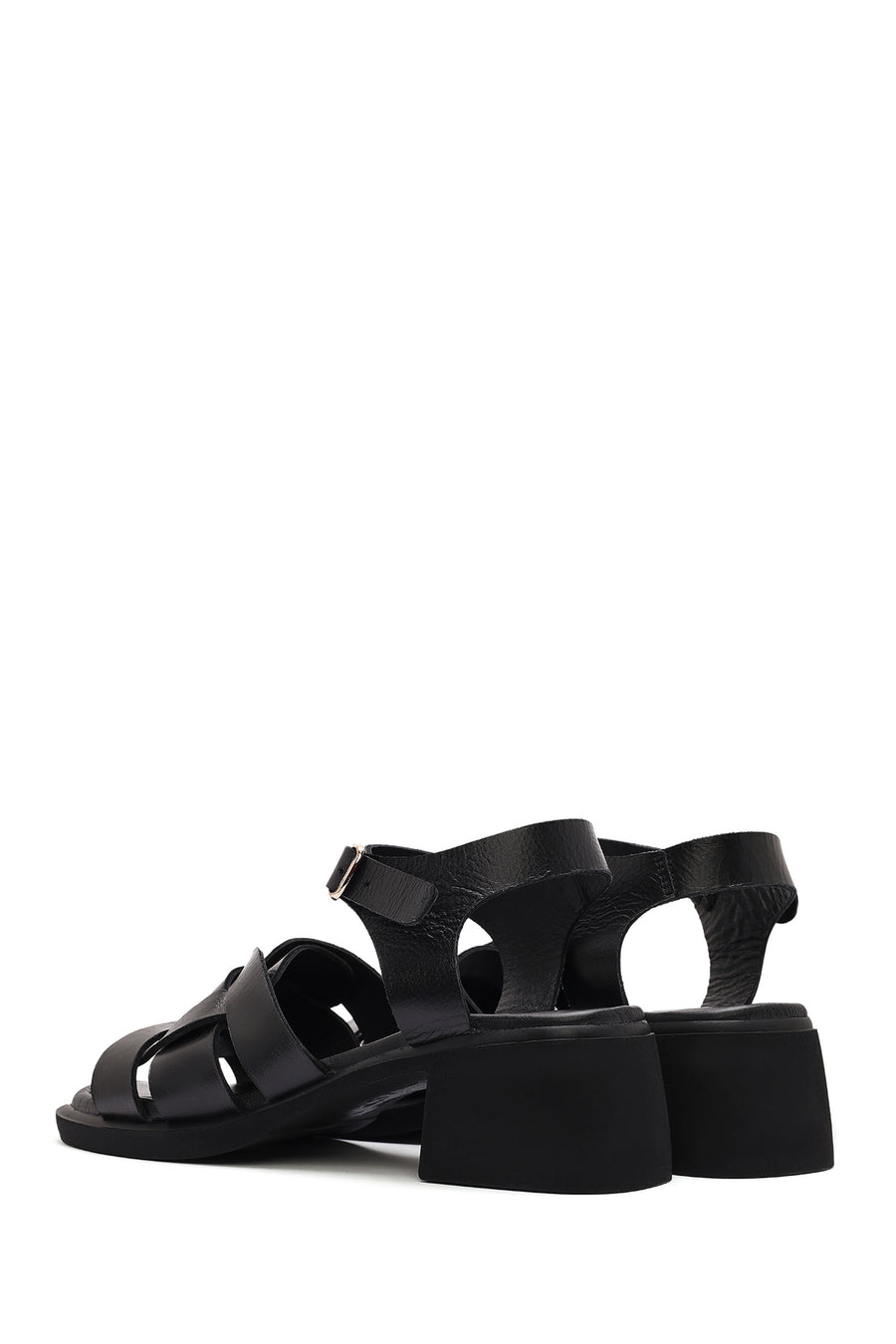 Women's Black Ankle Buckle Low Heeled Leather Sandals