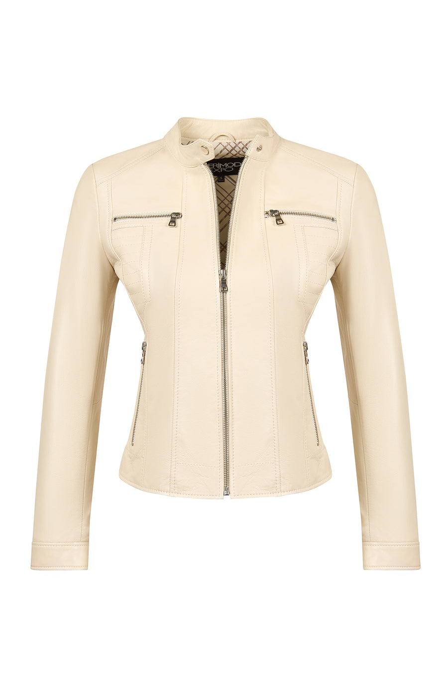 Marlyn Woman Beige Stand Collar Short Leather Jacket