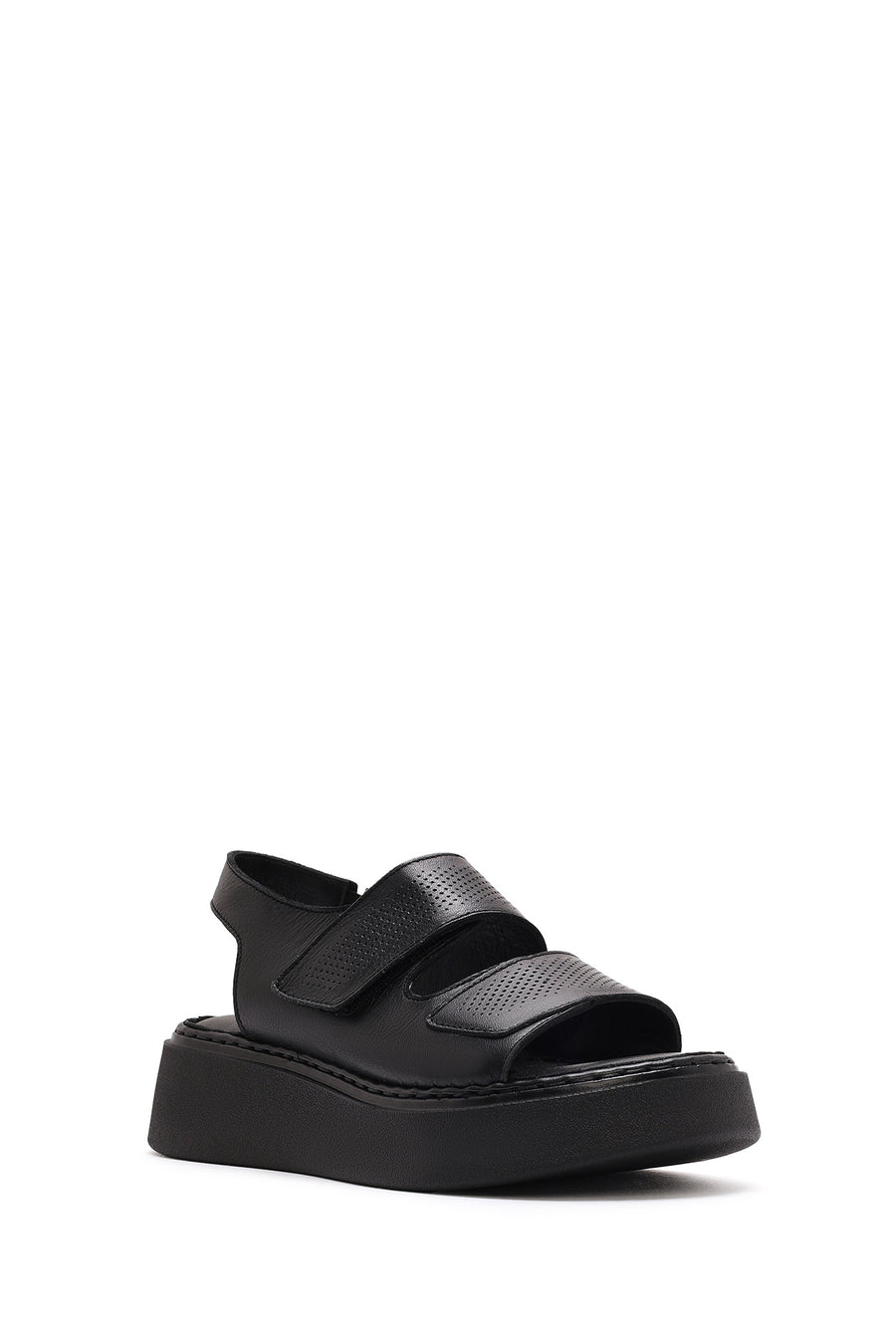 Women's Black Strappy Thick Soled Leather Comfort Sandals
