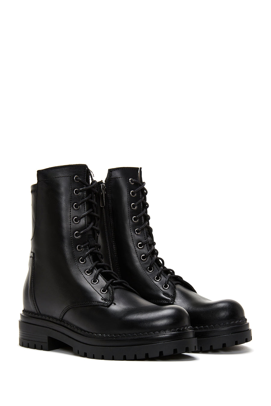 Women's Black Lace-Up Zippered Leather Combat Boots