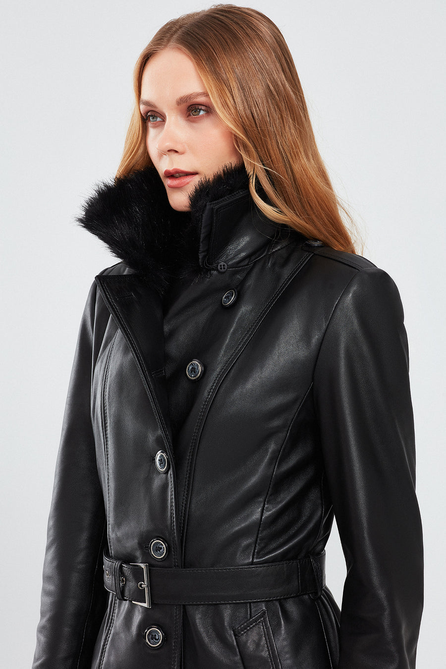Brenda Women's Black Furry Leather Trench Coat