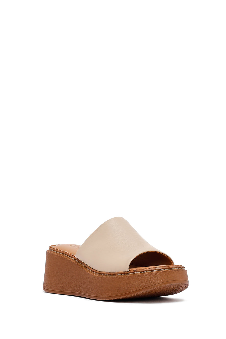 Women's Beige Platform Heel Leather Comfort Slippers