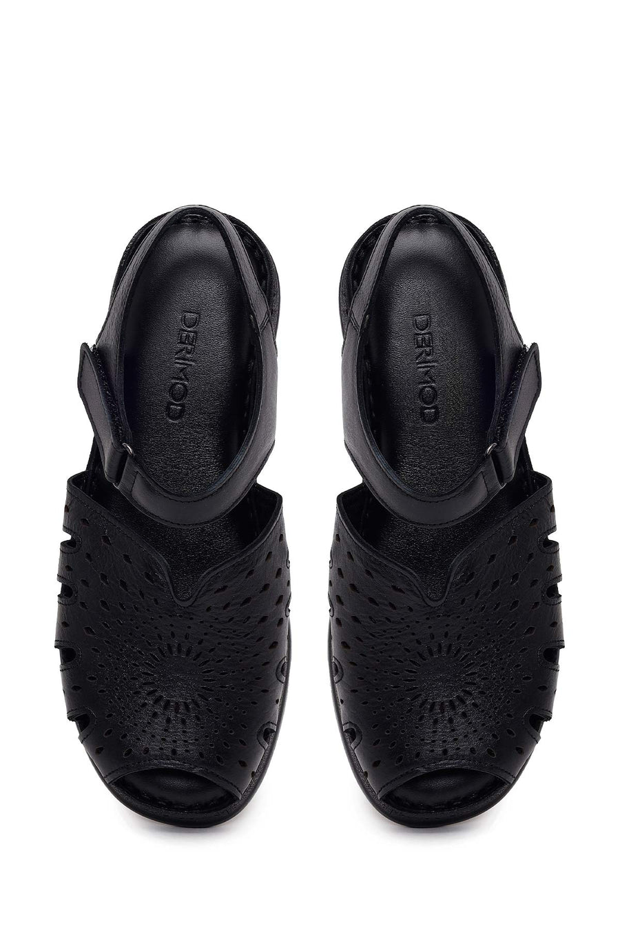 Woman Black Patterned Thick-Soled Leather Comfort Sandal
