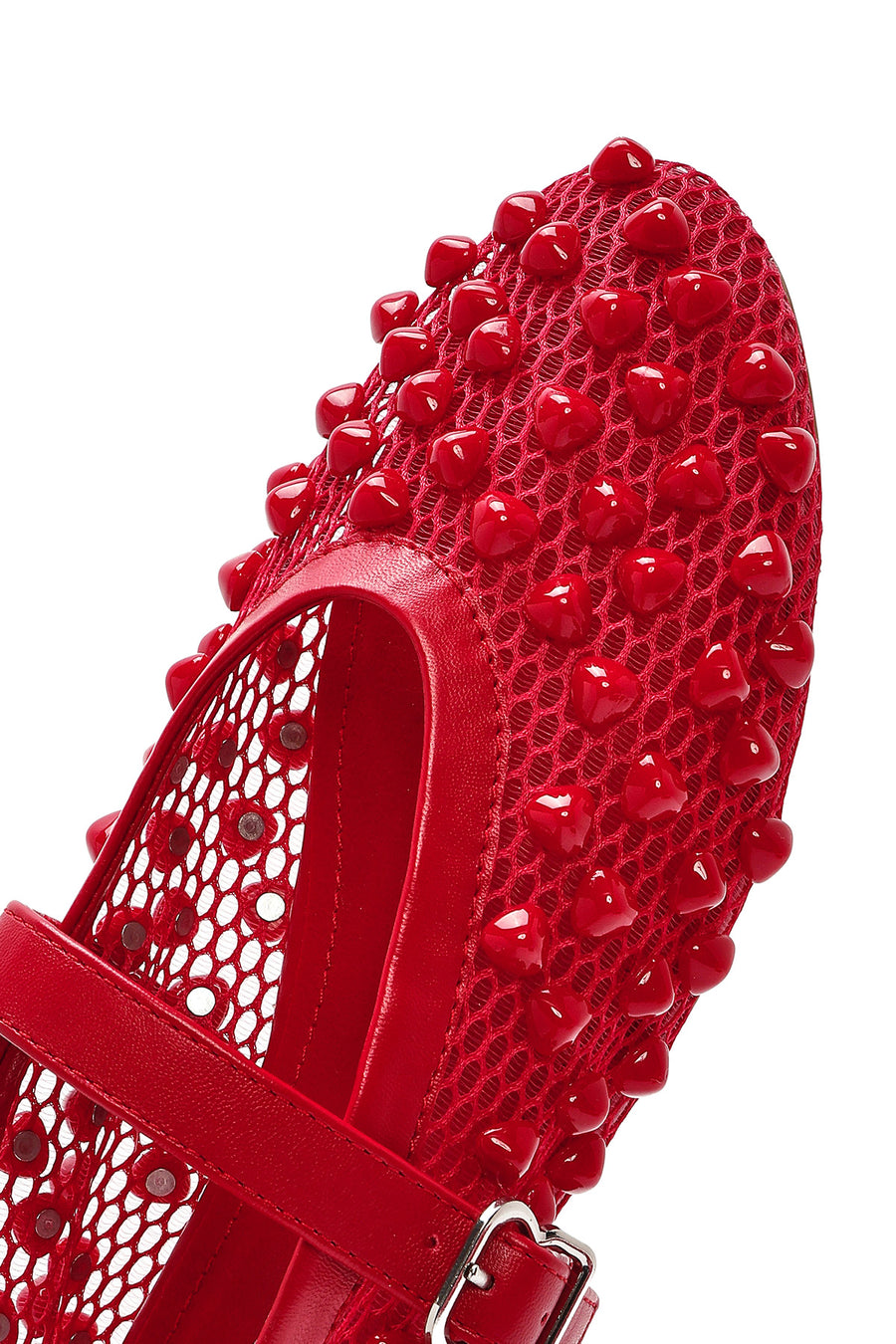 Women's Red Buckled Stoned Fishnet Ballerinas