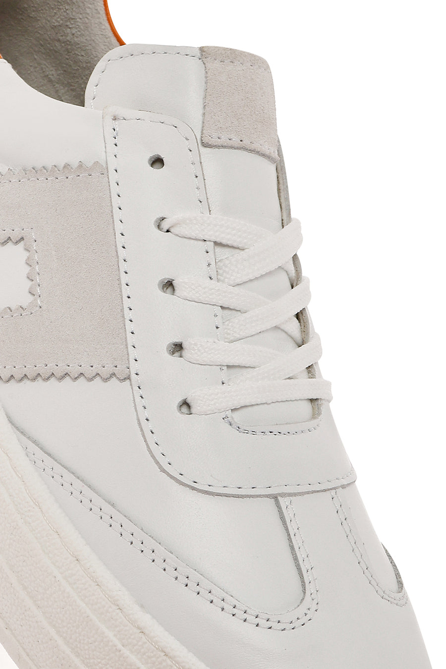 Women's White Lace-up Thick-Sole Leather Sneaker