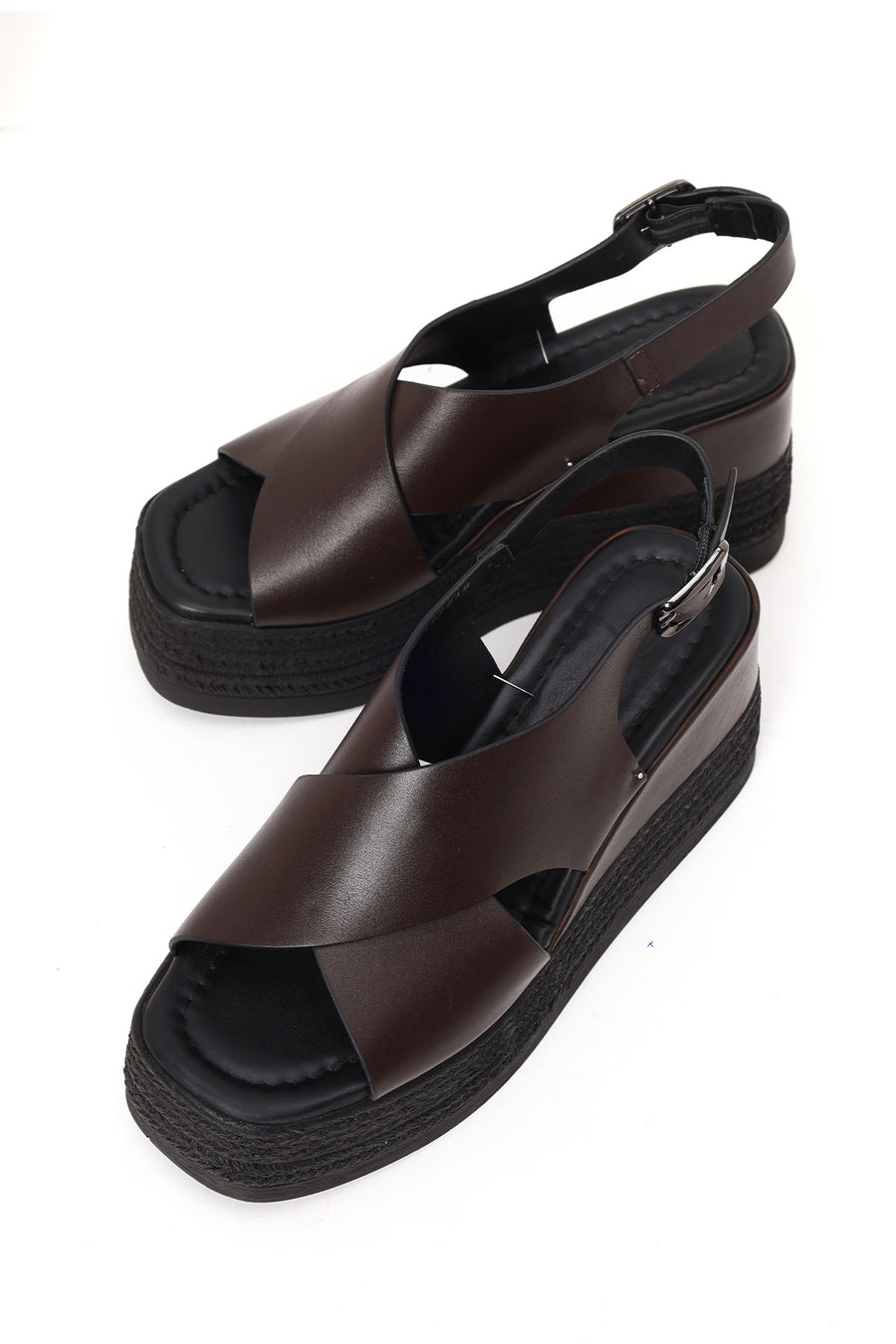 Woman Brown Ankle-Buckle Wedge-Heel Leather Sandal