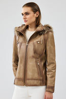 Meggy Women's Beige Hooded Furry Leather Jacket | Derimod