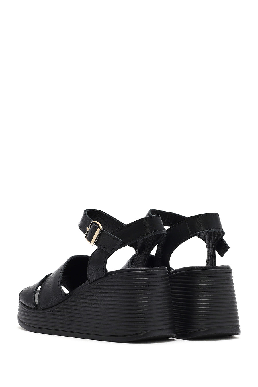Women's Black Ankle Strap Wedge Heel Leather Sandals