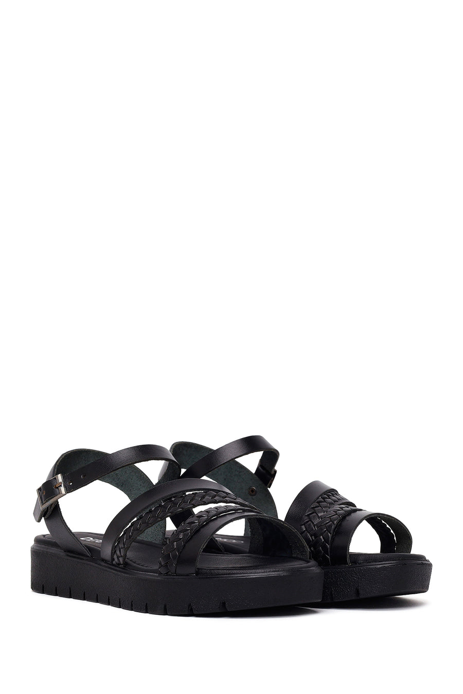 Woman Black Strappy Thick-Soled Braided Leather Bodrum Sandal