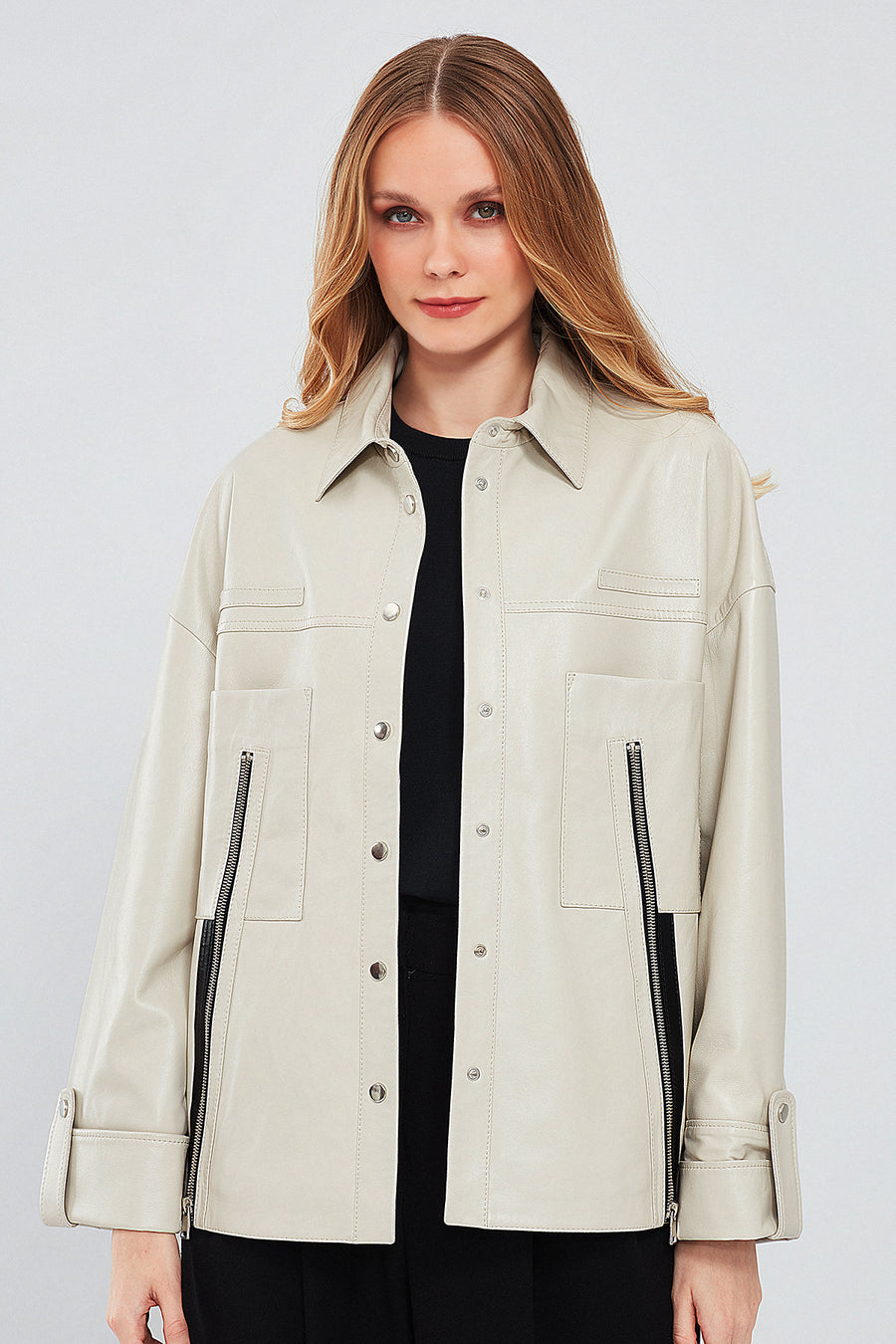 Farrah Women's Beige Oversize Leather Jacket 24SGE5190R3 | Derimod