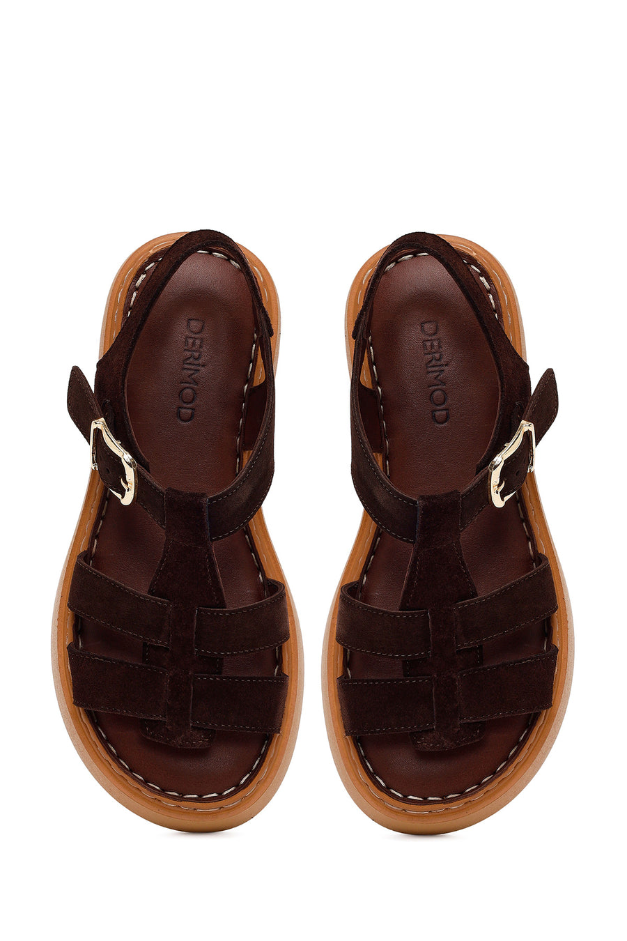 Woman Brown Ankle-Buckle Thick-Soled Suede Comfort Sandal