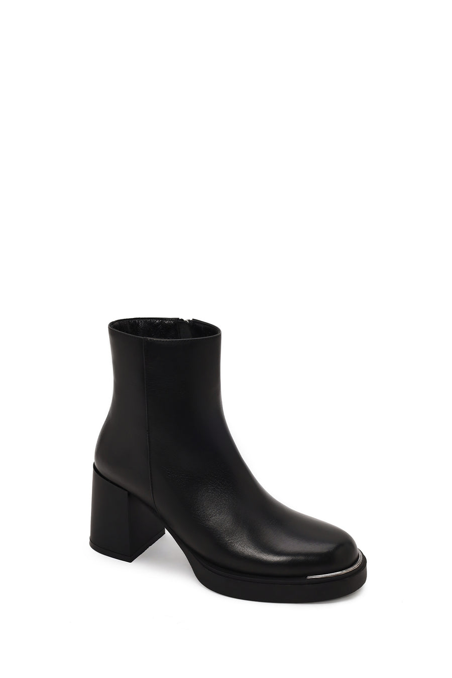 Woman Black Zip Closure Thick-Heeled Leather Boots