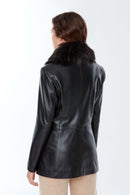 Noella Women's Black Fur Blazer Leather Jacket | Derimod