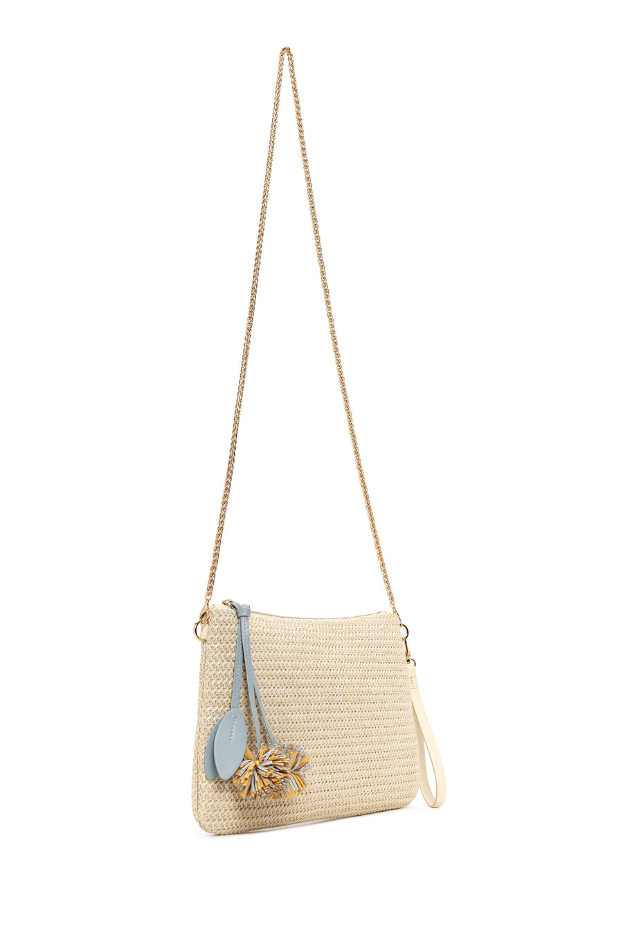 Woman Light Beige Wicker Clutch Bag with Long Chain Strap
