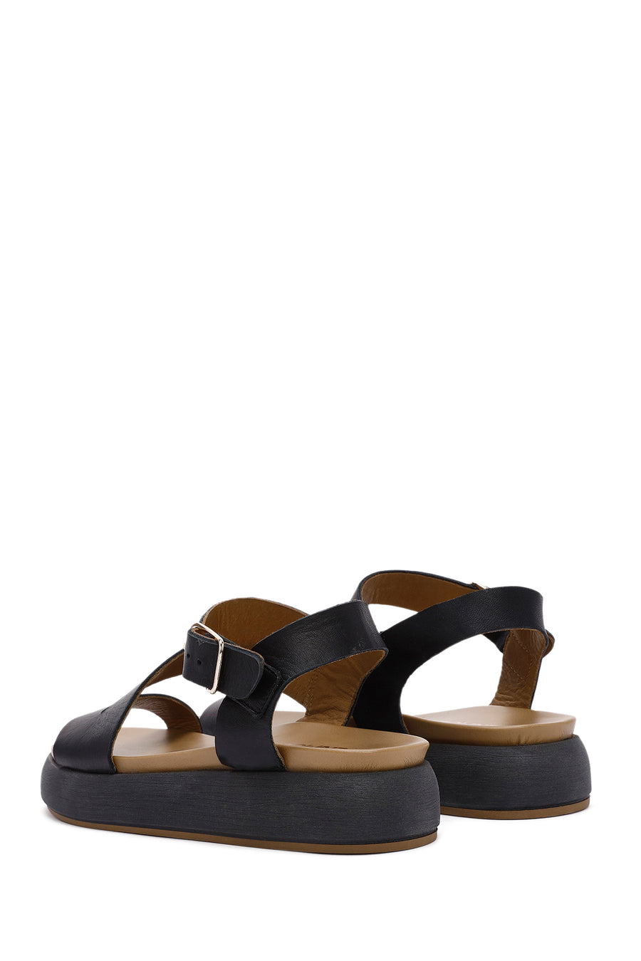 Women's Black Ankle Strap Thick-Sole Leather Sandals