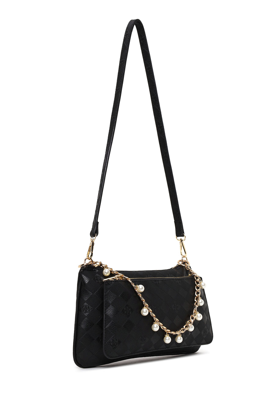 Woman Black Long-Strap Printed Clutch Bag