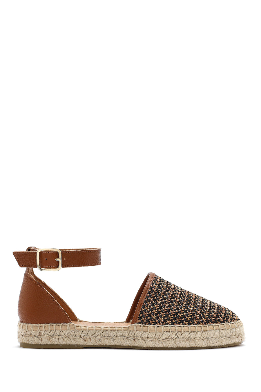 Women's Tan Straw Leather Espadrille Sandals with Ankle Buckle 25SFD4573M7 | Derimod