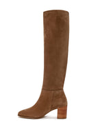 Woman Beige Chunky-Heeled Suede Boots | Derimod