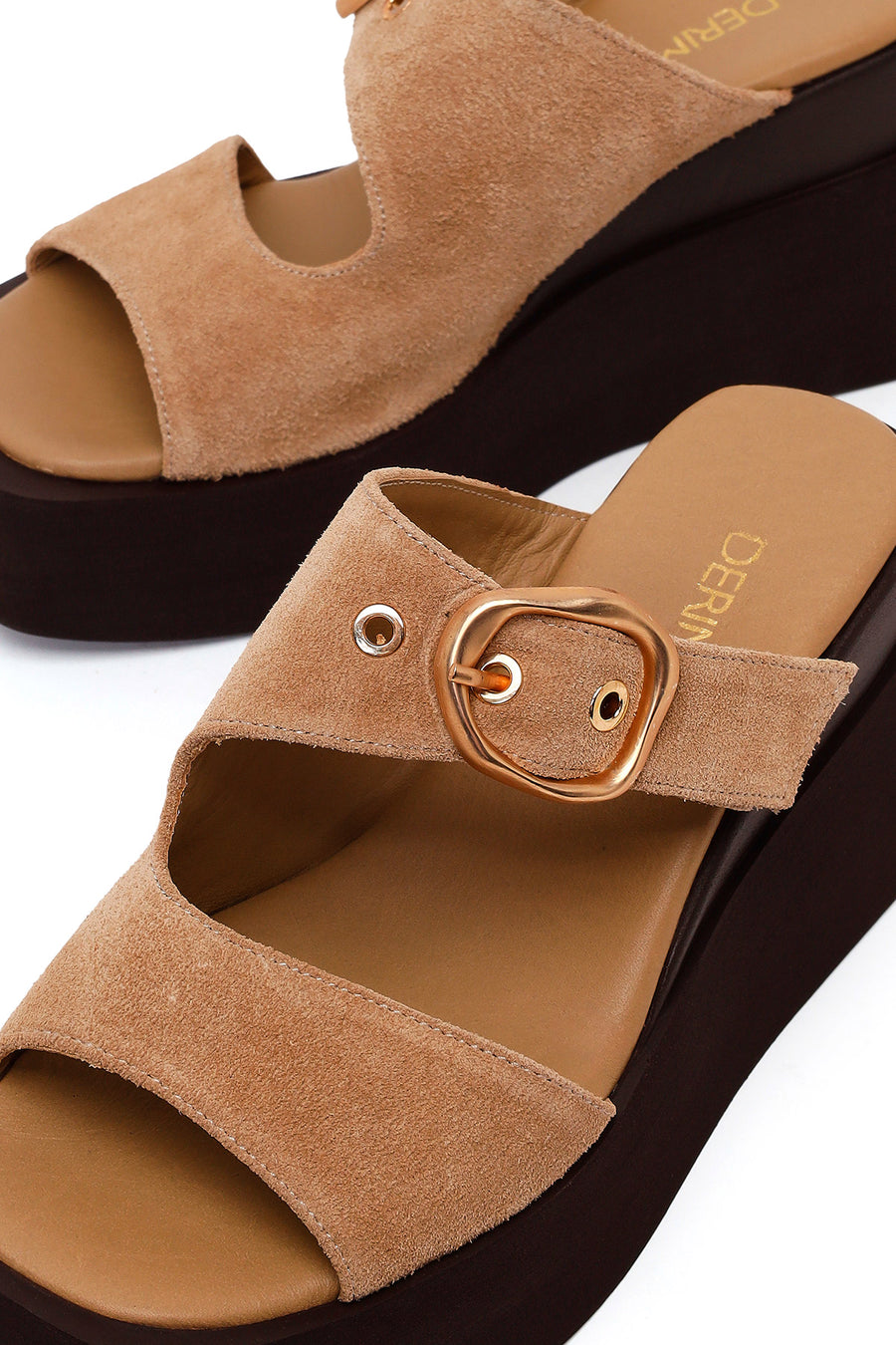 Woman Beige Buckled Wedge Heel Suede Slipper