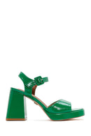 Women's Green Patent Leather Thick Heeled Sandals | Derimod