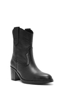 Women's Black Thick Heeled Leather Cowboy Boots | Derimod