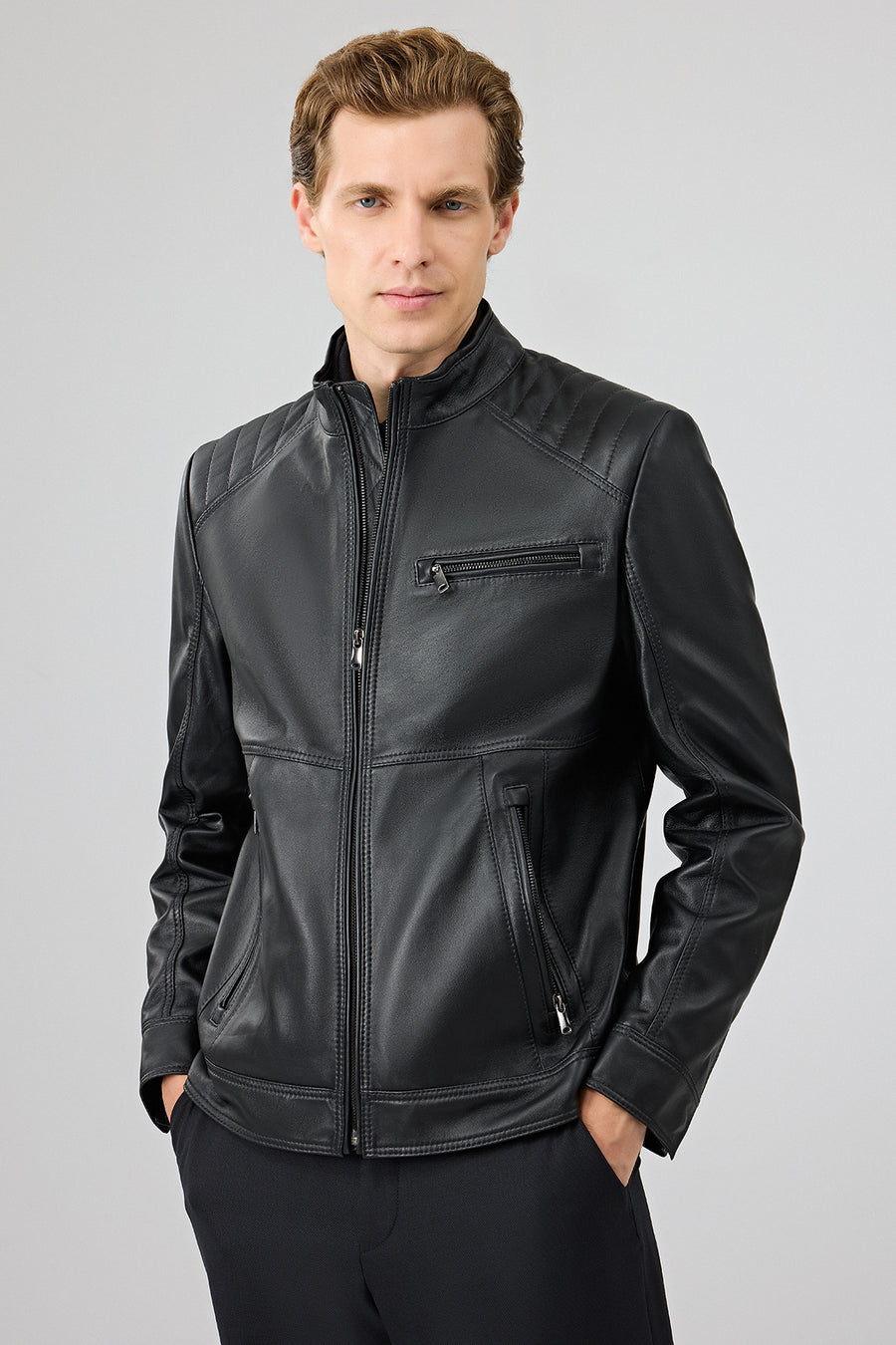 Tony Men's Black Mandarin Collar Short Leather Jacket 25WGE65781M | Derimod