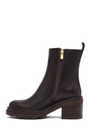 Woman Brown Zip Closure Chunky Heeled Leather Boots | Derimod