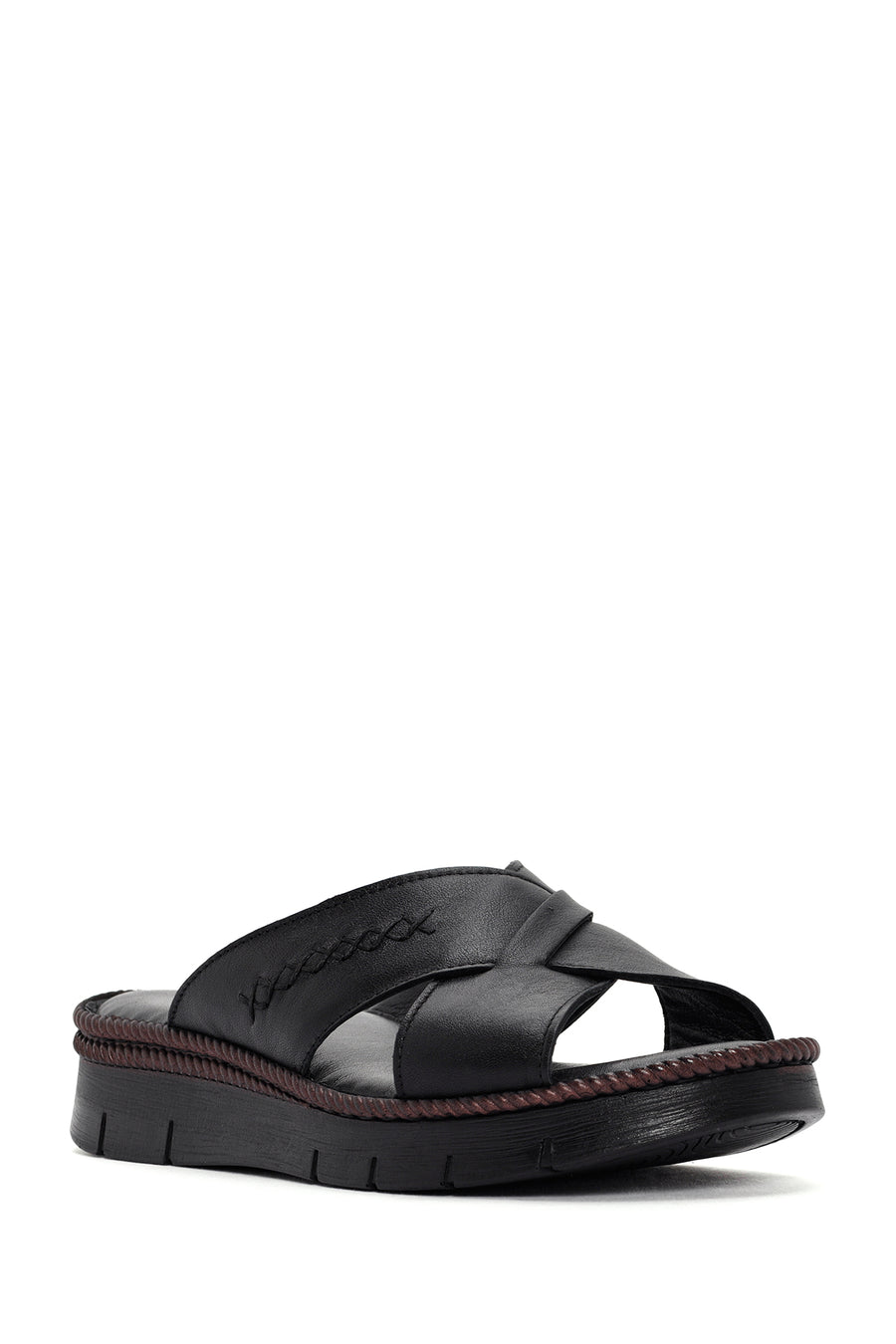 Women's Black Thick Soled Leather Comfort Slippers