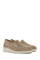 Women's Beige Wedge Heel Suede Leather Comfort Loafer | Derimod